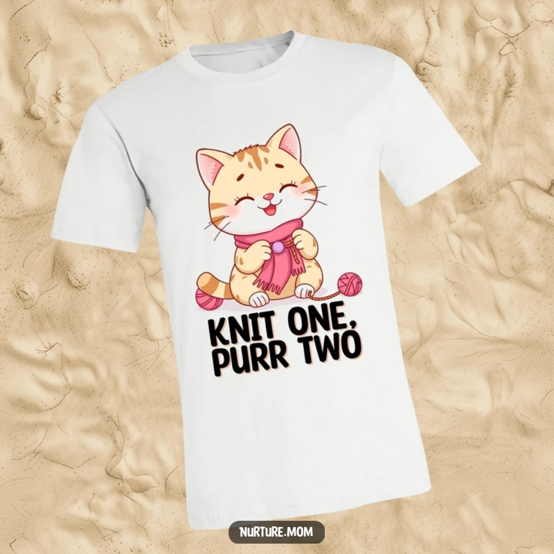 Funny cat knitting t-shirt featuring a smiling cat using yarn to create a tiny scarf, perfect for crafters and feline fans.