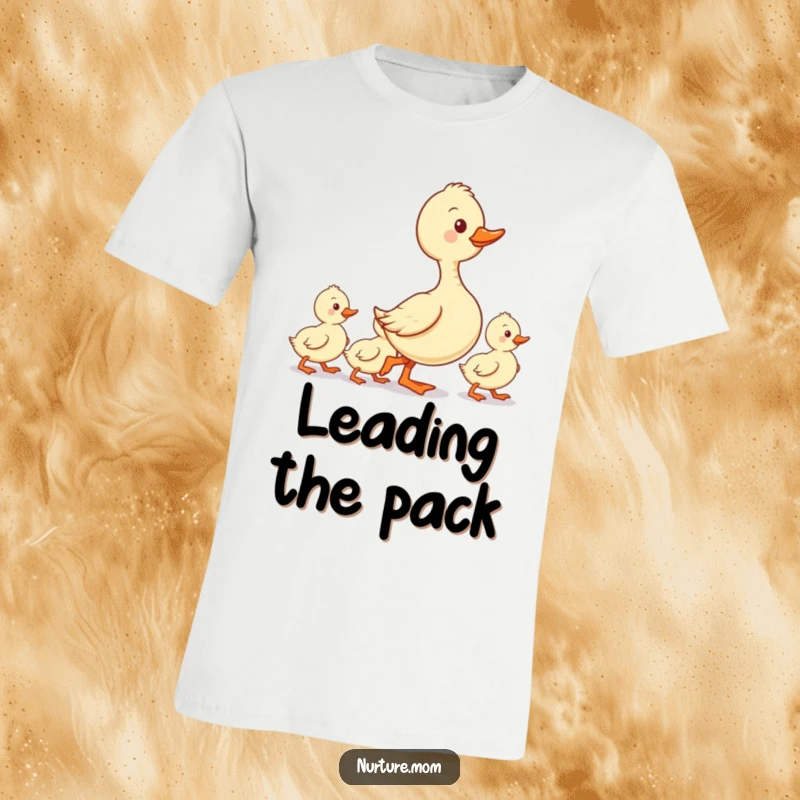 Funny graphic t-shirt of a kawaii duck mom leading her ducklings in a neat line, celebrating organized parenting.
