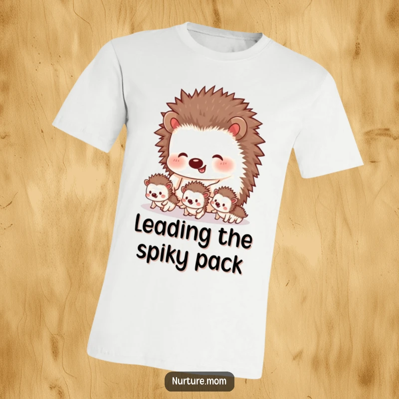 Funny hedgehog t-shirt featuring a mother hedgehog carefully leading her small, adorable siblings, a heartwarming and humorous graphic for gifting.