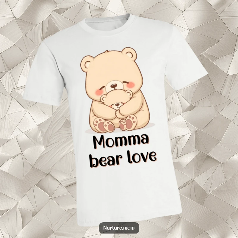 Funny bear t-shirt featuring a mother bear gently hugging her tiny cub, a humorous and heartwarming design.