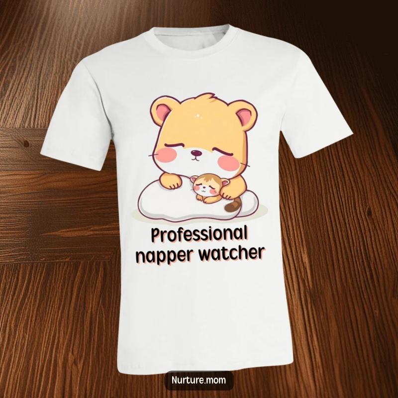 Funny t-shirt depicting a large, caring animal intently watching a small, peacefully sleeping creature.