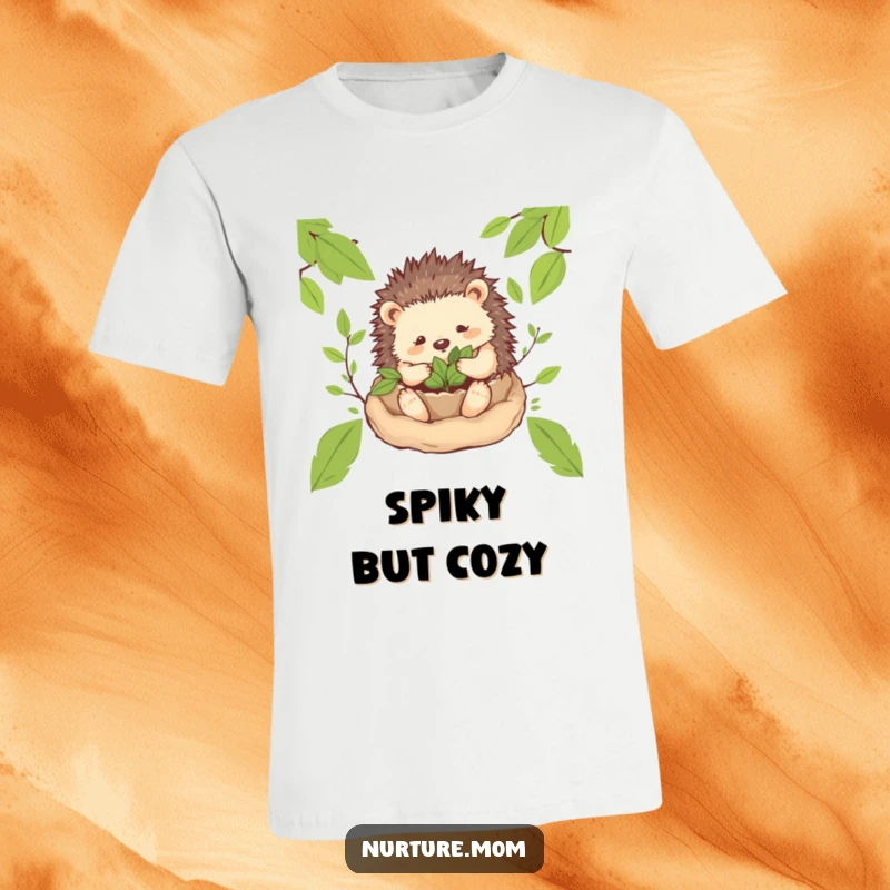 Funny! T-shirt graphic of a gentle hedgehog mom character creating a cozy nest of leaves, embodying warmth, care, and subtle humor.