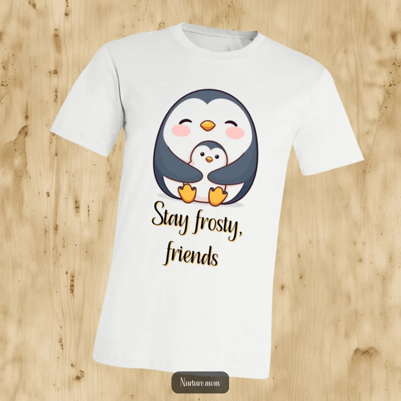 T-Shirt graphic of a mother penguin protectively holding her young chick close for warmth.