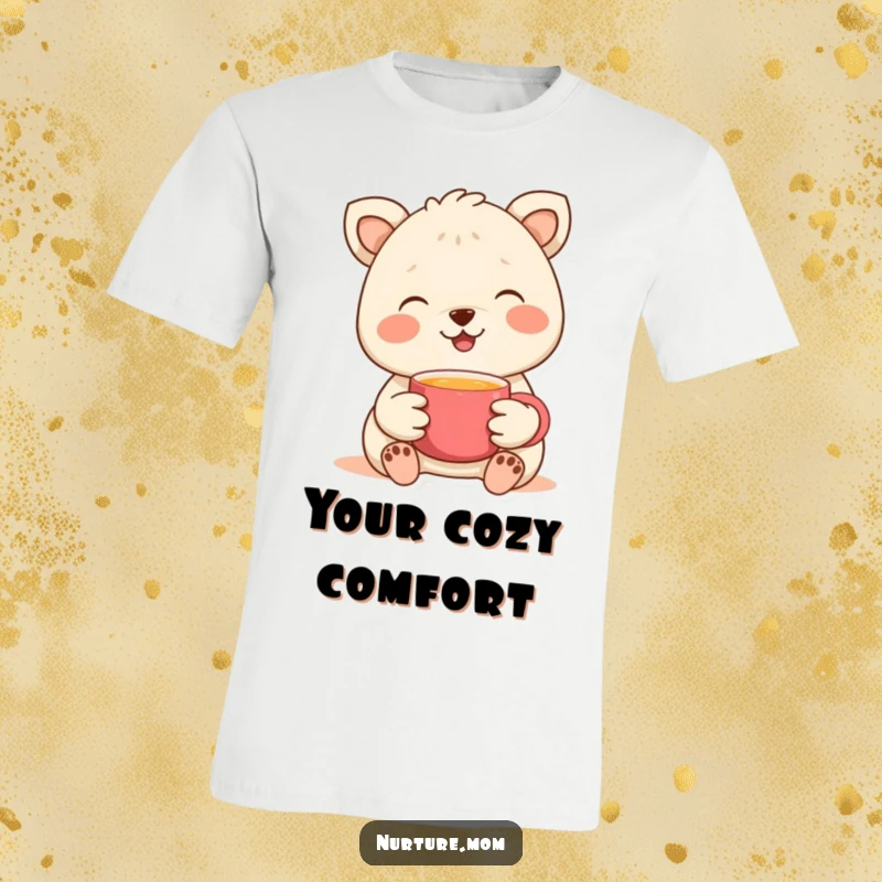 Funny t-shirt showing a smiling animal offering a steaming cup, radiating warmth and friendly hospitality.