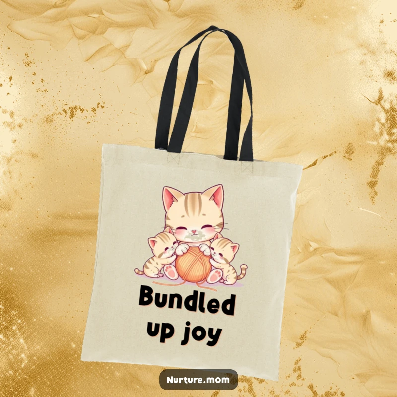 Funny kawaii mother cat and kittens playing with a ball of yarn, printed on an eco-friendly tote bag.
