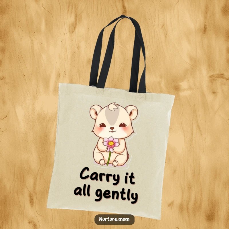 Funny tote bag showing a small animal gently cradling a delicate flower bud in a nurturing pose, great for shopping.