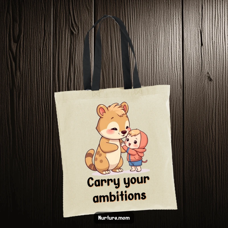 Funny animal teaching a little one to reach for something, symbolizing guidance on a tote bag.