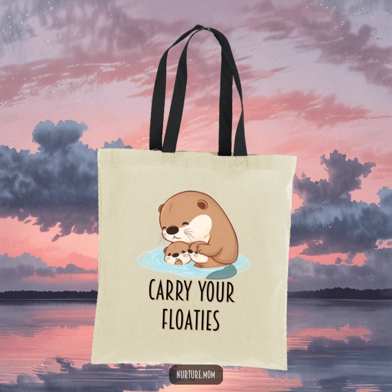 Funny kawaii mother otter teaching her pup to swim on a durable tote bag.