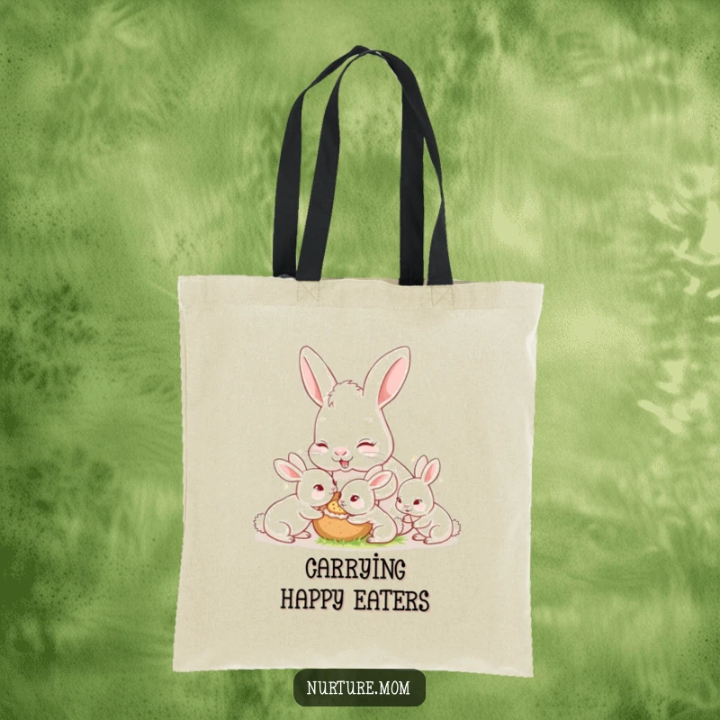 Funny nurturing mother rabbit feeding hungry baby bunnies, cute tote bag, perfect for moms on the go.