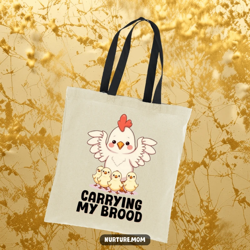 Funny tote bag with a kawaii chicken mom protecting chicks under her outstretched wings, symbolizing maternal care.