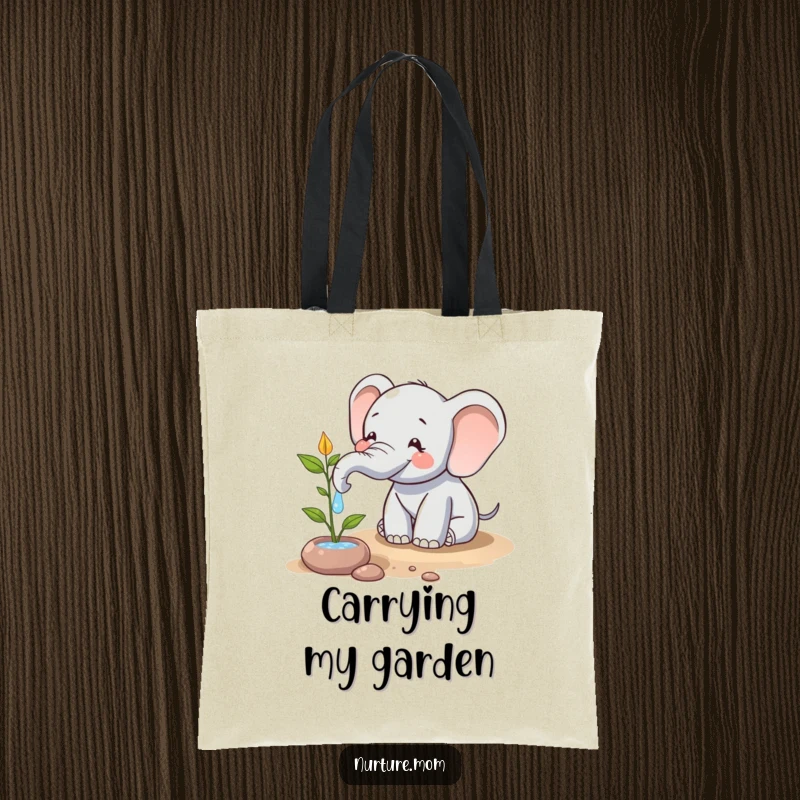 Funny tote bag showing a happy elephant character using its trunk to water a plant, a humorous and practical eco-friendly accessory.