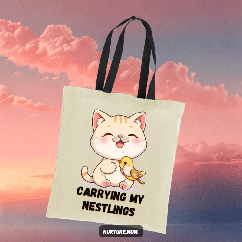 Funny tote bag showing a smiling cat character happily feeding a baby bird, a humorous and practical accessory for animal lovers.