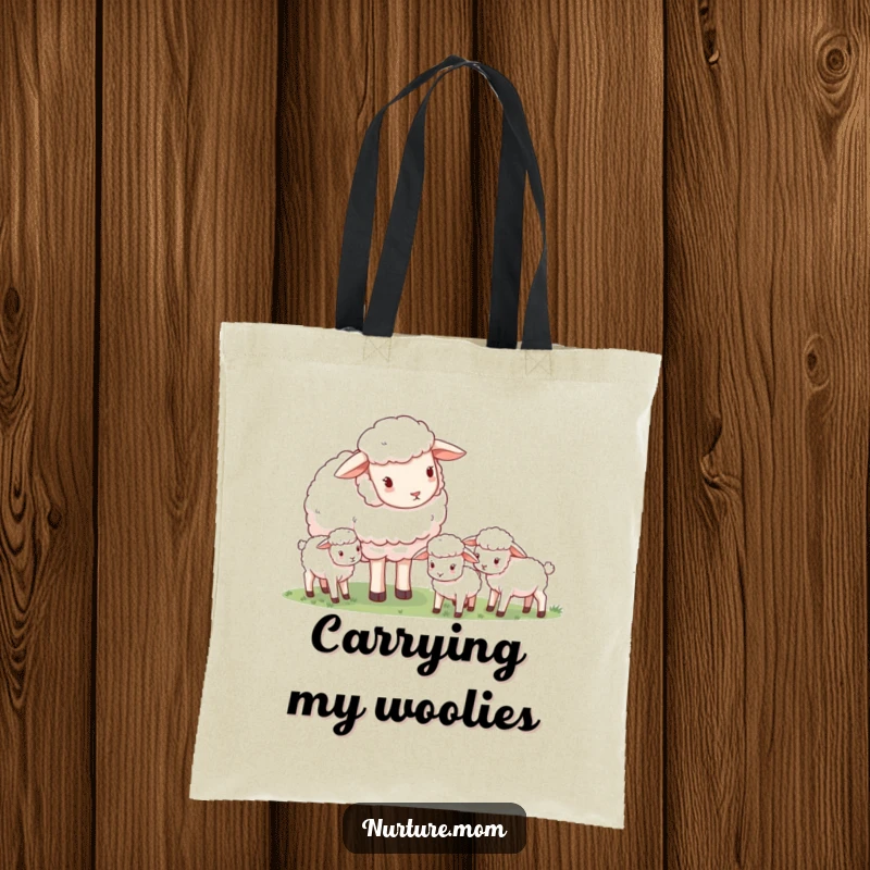 Funny gentle mother sheep watching grazing baby lambs, cute tote bag, perfect for moms on the go.
