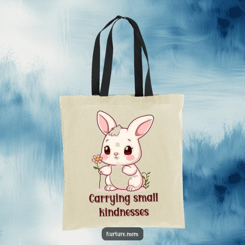 Funny bunny tote bag depicting a cute rabbit offering a small flower to a friend, ideal for carrying essentials with style.