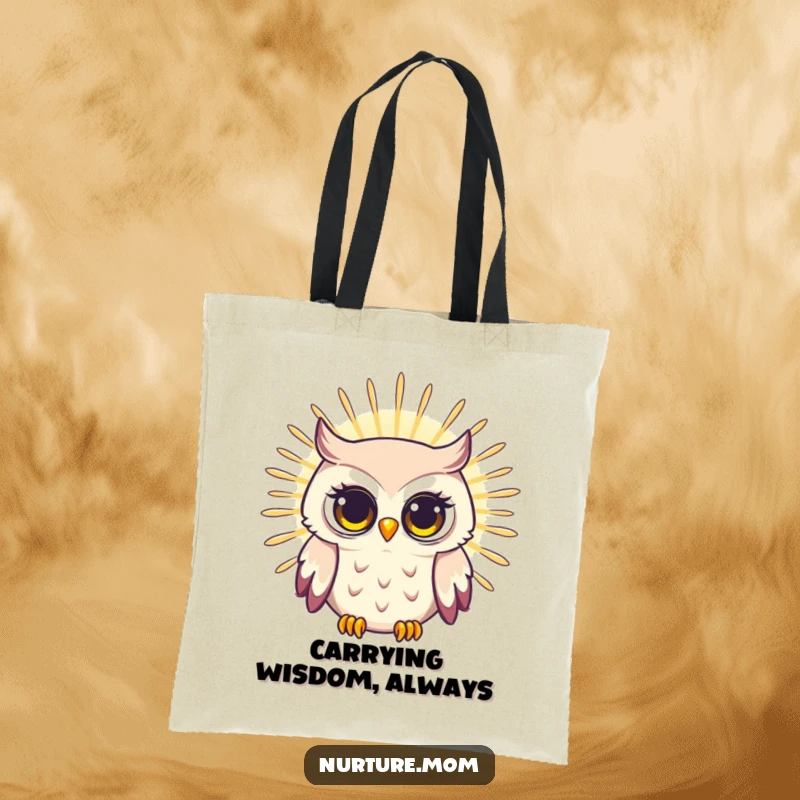 Funny tote bag featuring a radiating owl mom with a bright, wise gaze, perfect for carrying essentials with a humorous and wise touch.