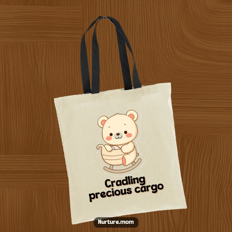 Funny tote bag showing a cheerful bear character gently rocking a tiny cradle, a humorous and practical accessory for parents.
