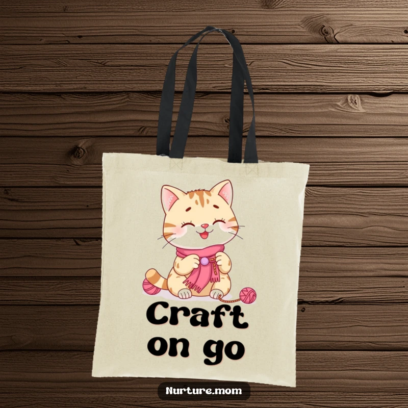 Funny cat knitting tote bag with a smiling cat creating a tiny scarf, perfect for carrying craft supplies or daily items.