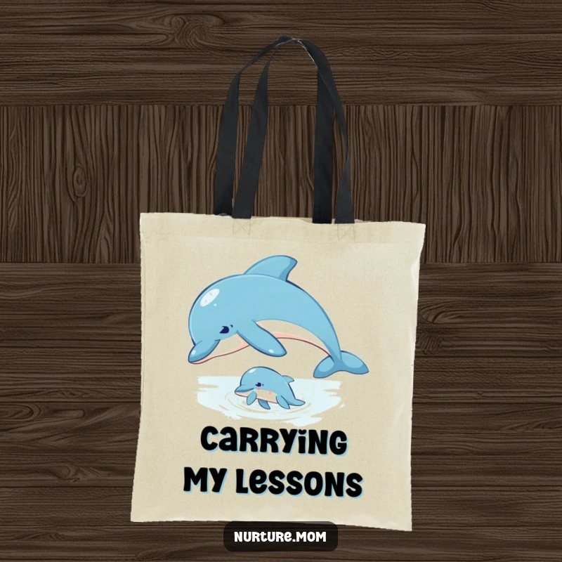 Tote bag print of a mother dolphin gently guiding her young calf through the ocean waters.