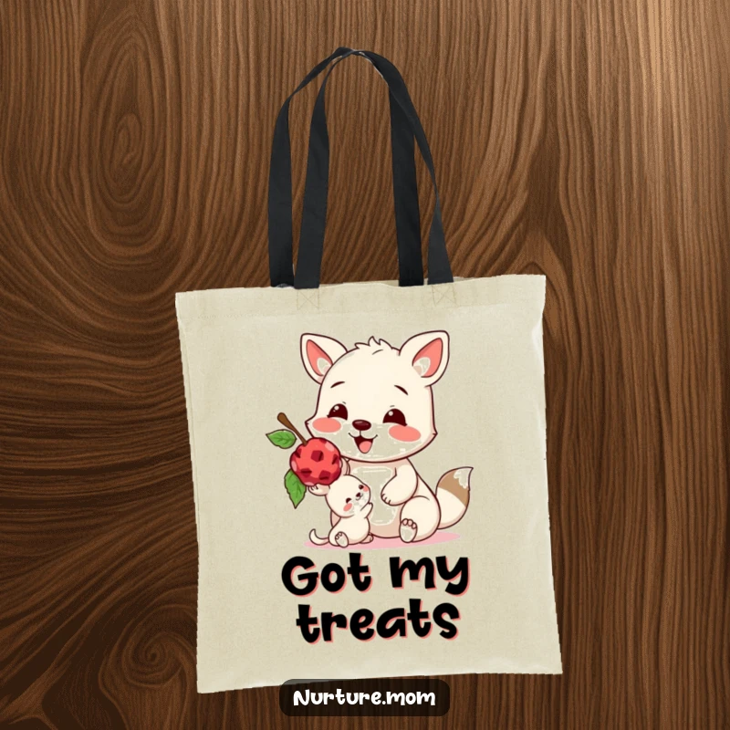 Funny tote bag illustrating a happy animal sharing a juicy berry with a smaller creature, celebrating friendship and generosity.