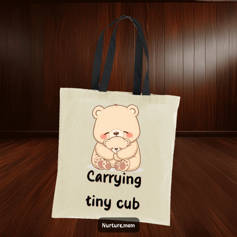 Funny bear tote bag showing a mother bear gently hugging her tiny cub, making it a humorous and practical accessory.