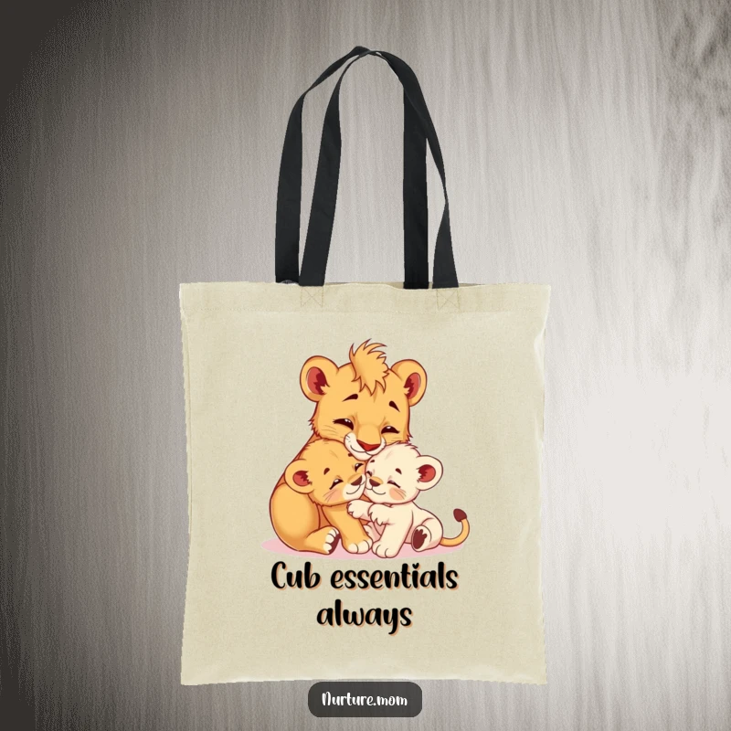 Funny! Lioness cub grooming her playful offspring on a tote bag, perfect for carrying items with a touch of love and humor.