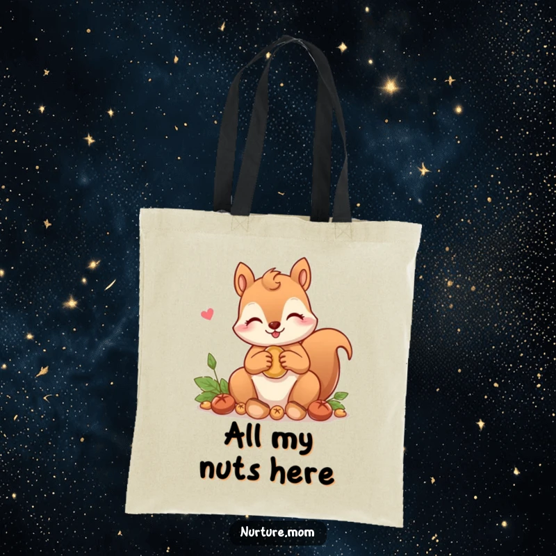 Funny! Kawaii squirrel mom gathering nuts on a tote bag, perfect for carrying items with adorable charm and a hint of humor.