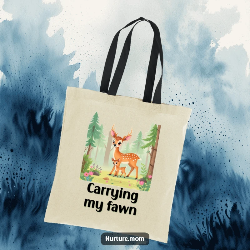 Funny deer mom tote bag featuring a doe and fawn walking through a picturesque, green forest.