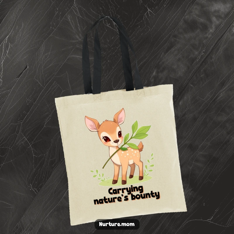 Funny Deer Tote Bag illustrating a small deer offering a leafy branch, great for carrying essentials with natural humor.