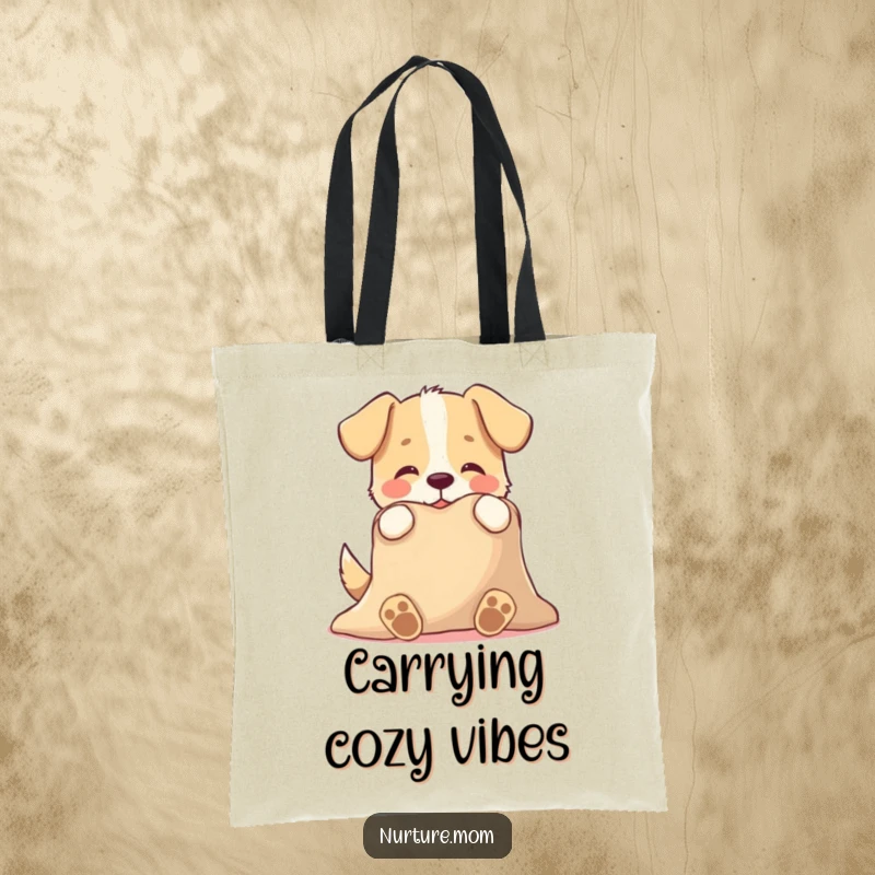 Funny tote bag showing a playful dog character tenderly offering a warm blanket, a humorous and practical accessory for dog lovers.
