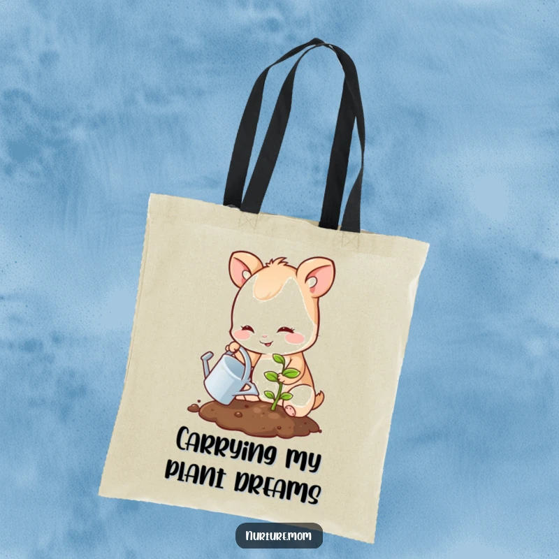 Funny tote bag showing a happy animal with a watering can tending to a small plant sprout, great for shoppers.