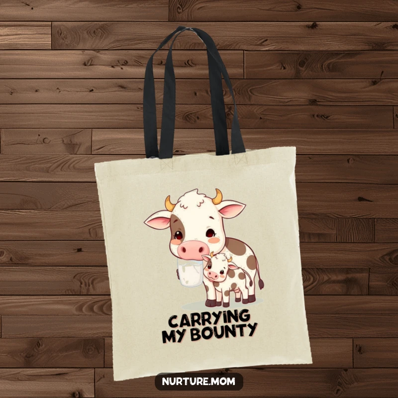 Funny! Contented cow mom offering milk to her calf on a tote bag, perfect for carrying items with gentle charm and a hint of farm humor.