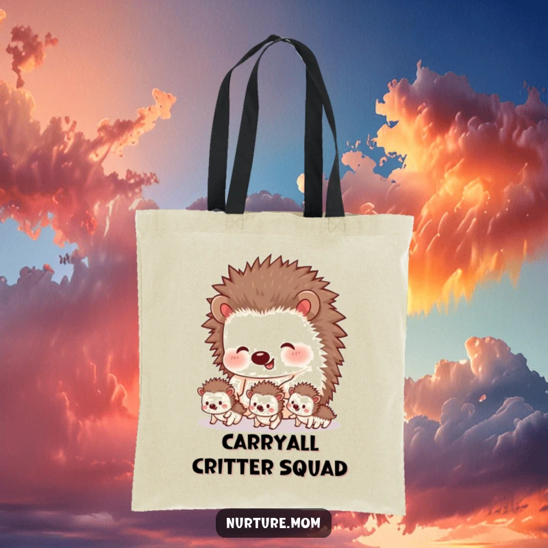 Funny hedgehog tote bag showcasing a mother guiding her tiny siblings, a practical and humorous accessory for everyday use and gifting.