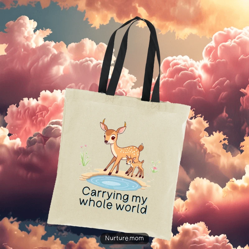 Funny kawaii mother deer with her young fawn, walking towards water, printed on an eco-friendly tote bag.