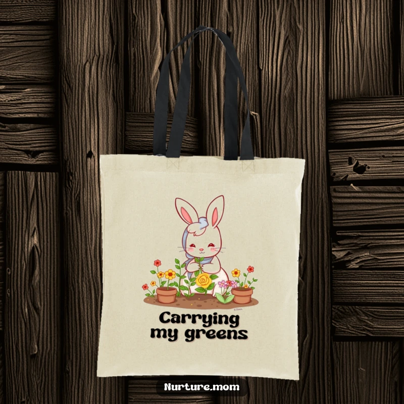 Funny Kawaii Rabbit Mom Tote Bag: A sweet bunny mom gardening in her small, vibrant garden, a humorous accessory.