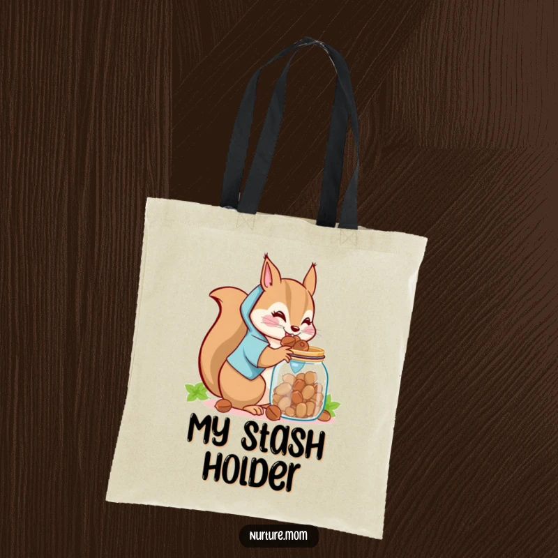Funny Kawaii Squirrel Mom Tote Bag: A cute squirrel mom gathering and storing nuts in a jar, a humorous accessory.