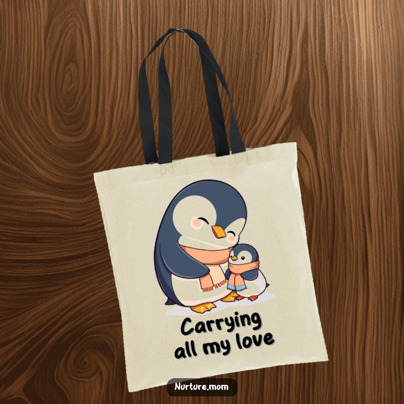 Funny mama penguin helps her little chick wear a small scarf, a delightful and heartwarming image on this tote bag.