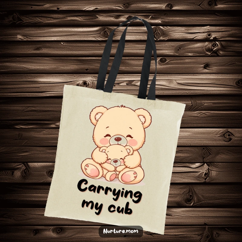 Funny tote bag depicting a cute teddy bear mom gently tucking in her sleepy baby bear, representing love and peaceful sleep.