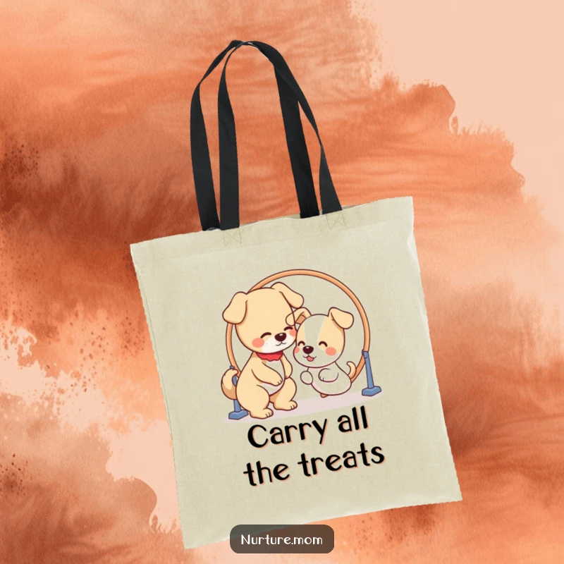 Funny tote bag with a kawaii dog mom patiently guiding a puppy through a hoop, celebrating dog training.