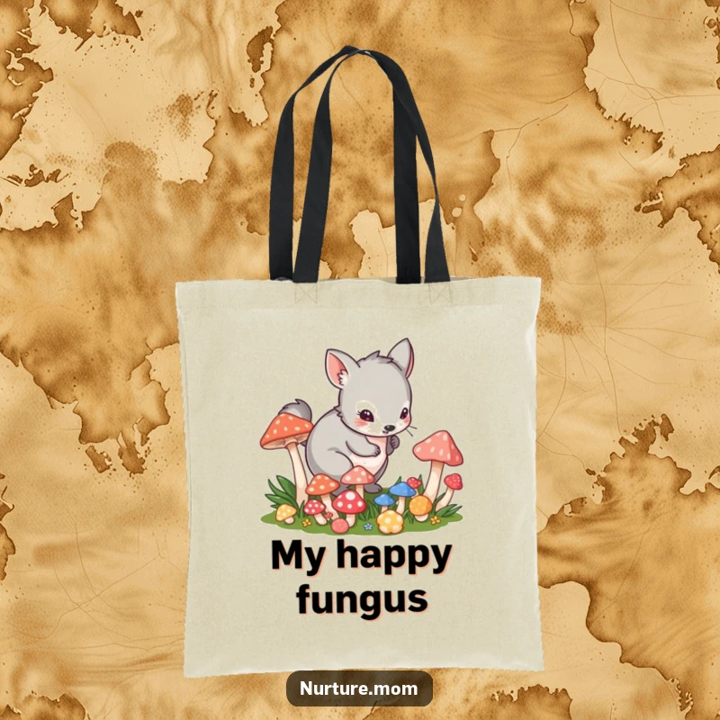 Funny tote bag showing a small animal in a playful crouch tending to vibrant mushrooms, practical and magical.