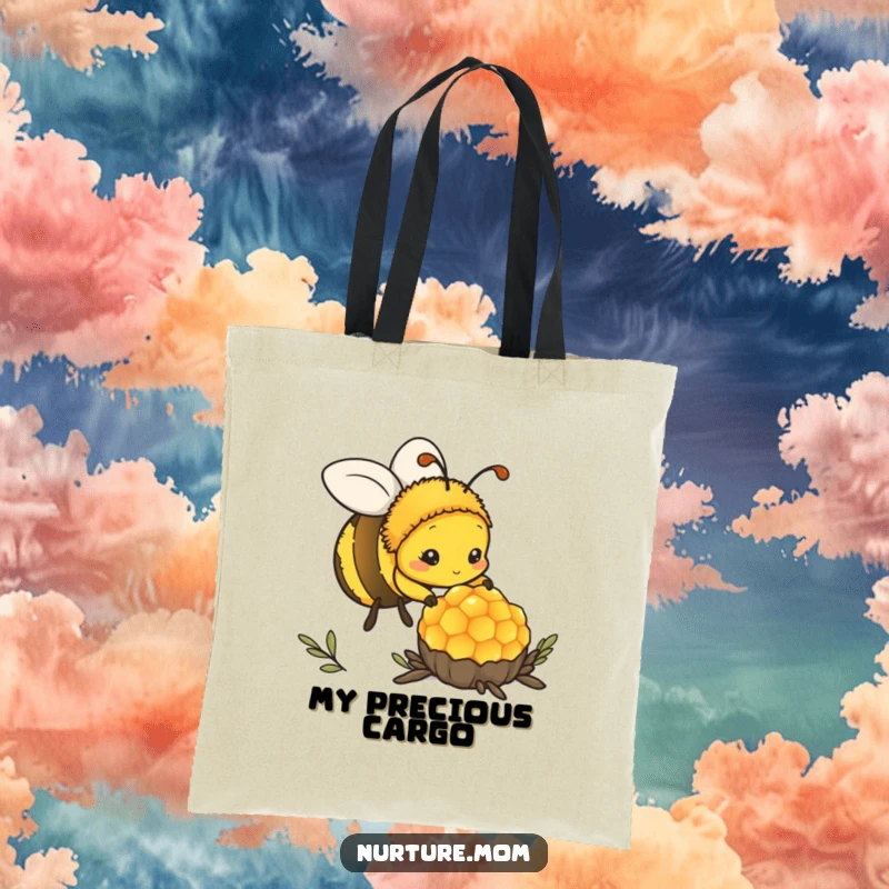 Funny kawaii mother bee tending her honeycomb, printed on an eco-friendly tote bag.