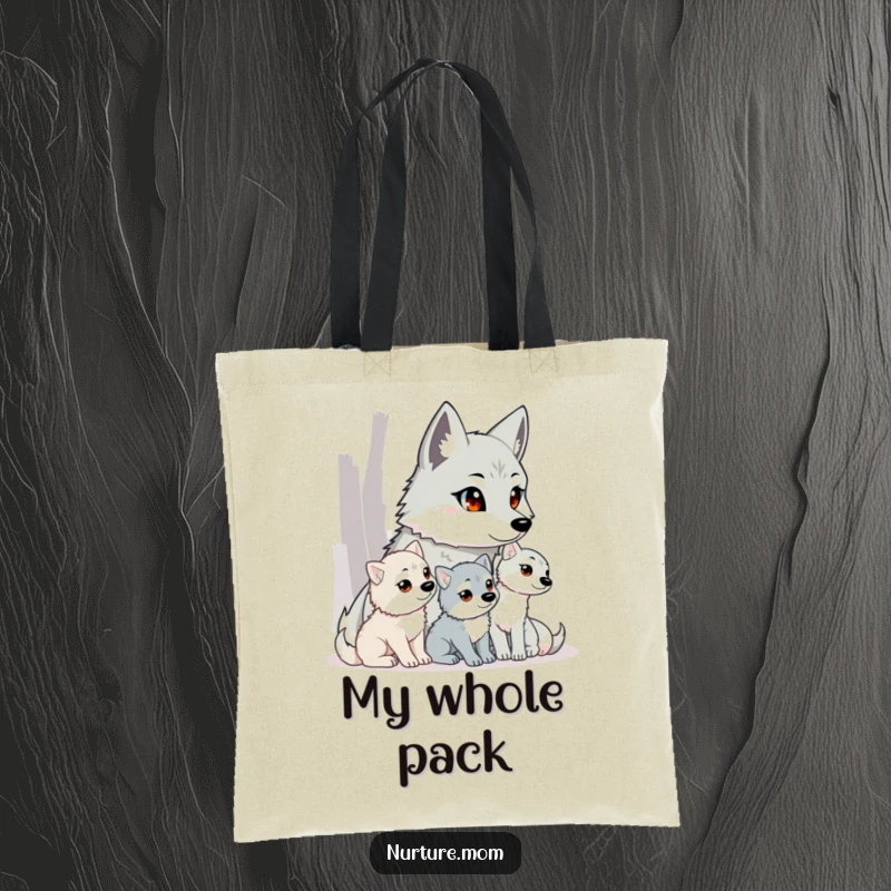 Funny wolf mom tote bag showing a watchful wolf mother guarding her pups, embodying maternal strength.