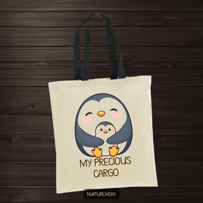 Tote bag print of a mother penguin holding her fluffy chick close for warmth.